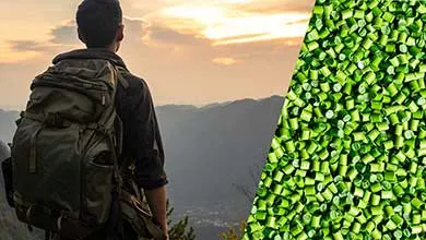 Collage of man hiking and green polymer pellets